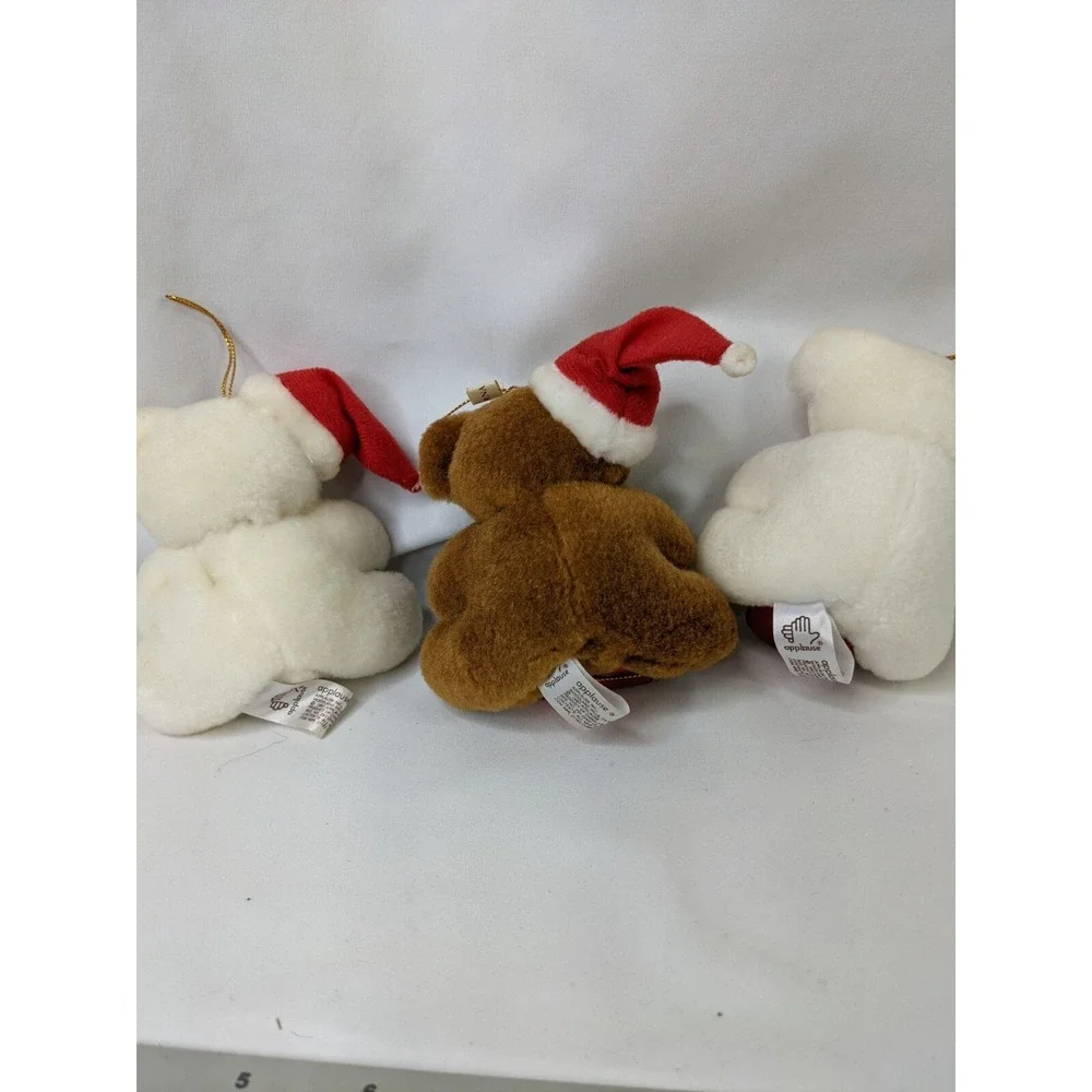 Applause Christmas Bear Ornament Cubby Plush Lot 4 Inch White Brown Lot of 3‎
